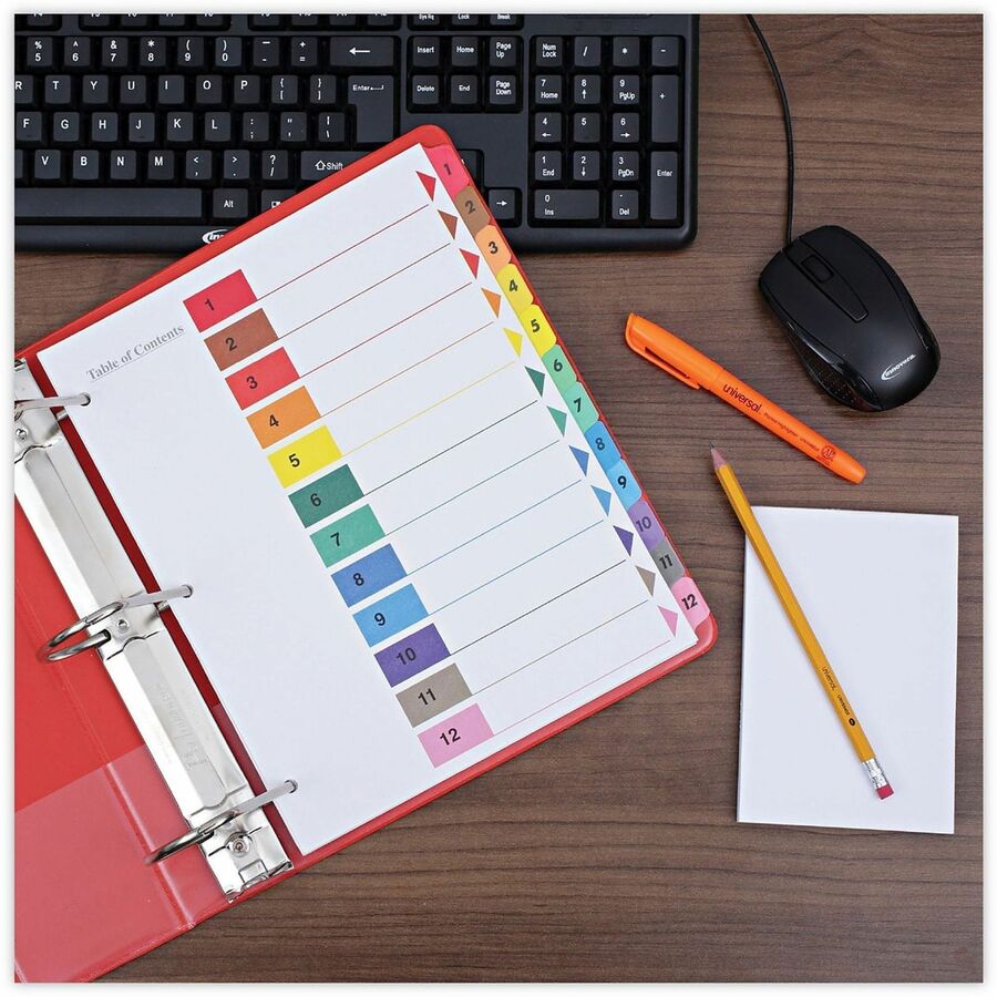 Universal Index Divider - 12 Printed Side Tab(s) - Digit - 1-12, Table of Contents - 8.5" Divider Width x 11" Divider Length - Letter - 3 Hole Punched - White Paper Divider - Assorted Paper Tab(s) - 30% Recycled - Double-sided, Mylar Reinforced Edge, L...