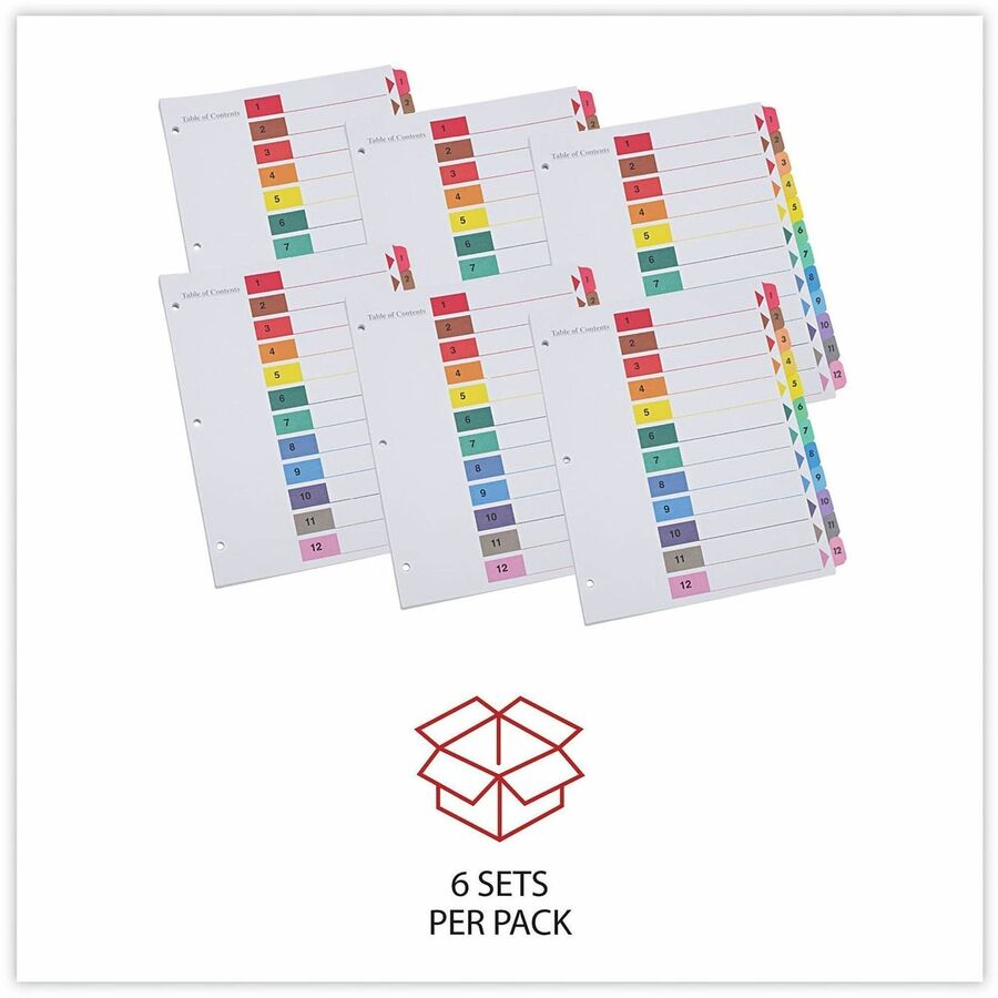 Universal Index Divider - 12 Printed Side Tab(s) - Digit - 1-12, Table of Contents - 8.5" Divider Width x 11" Divider Length - Letter - 3 Hole Punched - White Paper Divider - Assorted Paper Tab(s) - 30% Recycled - Double-sided, Mylar Reinforced Edge, L...
