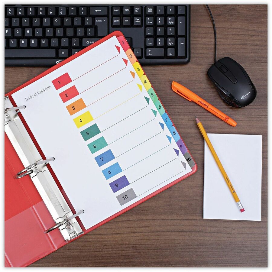 Universal Index Divider - 10 Printed Side Tab(s) - Digit - 1-10, Table of Contents - 8.5" Divider Width x 11" Divider Length - Letter - 3 Hole Punched - White Paper Divider - Assorted Paper Tab(s) - 30% Recycled - Double-sided, Mylar Reinforced Edge, L...