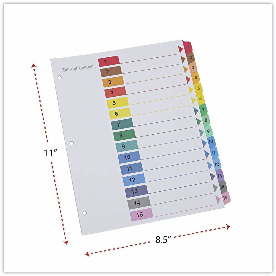 Universal Index Divider - 15 Printed Side Tab(s) - Digit - 1-15, Table of Contents - 8.5" Divider Width x 11" Divider Length - Letter - 3 Hole Punched - White Paper Divider - Assorted Paper Tab(s) - 30% Recycled - Double-sided, Mylar Reinforced Edge, L...