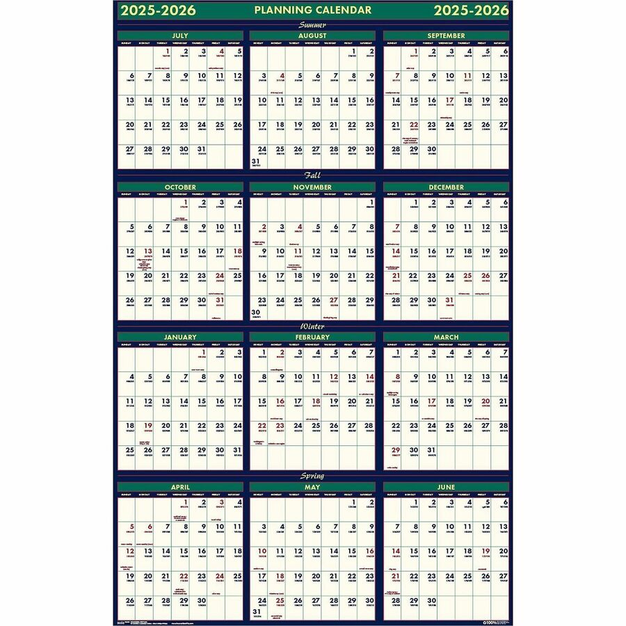 House of Doolittle Nonlaminated Reversible Planner - Julian Dates - Yearly - 12 Month - July 2025 to June 2026 - 24" x 37" Sheet Size - 1.50" x 1" Block - 1 Each
