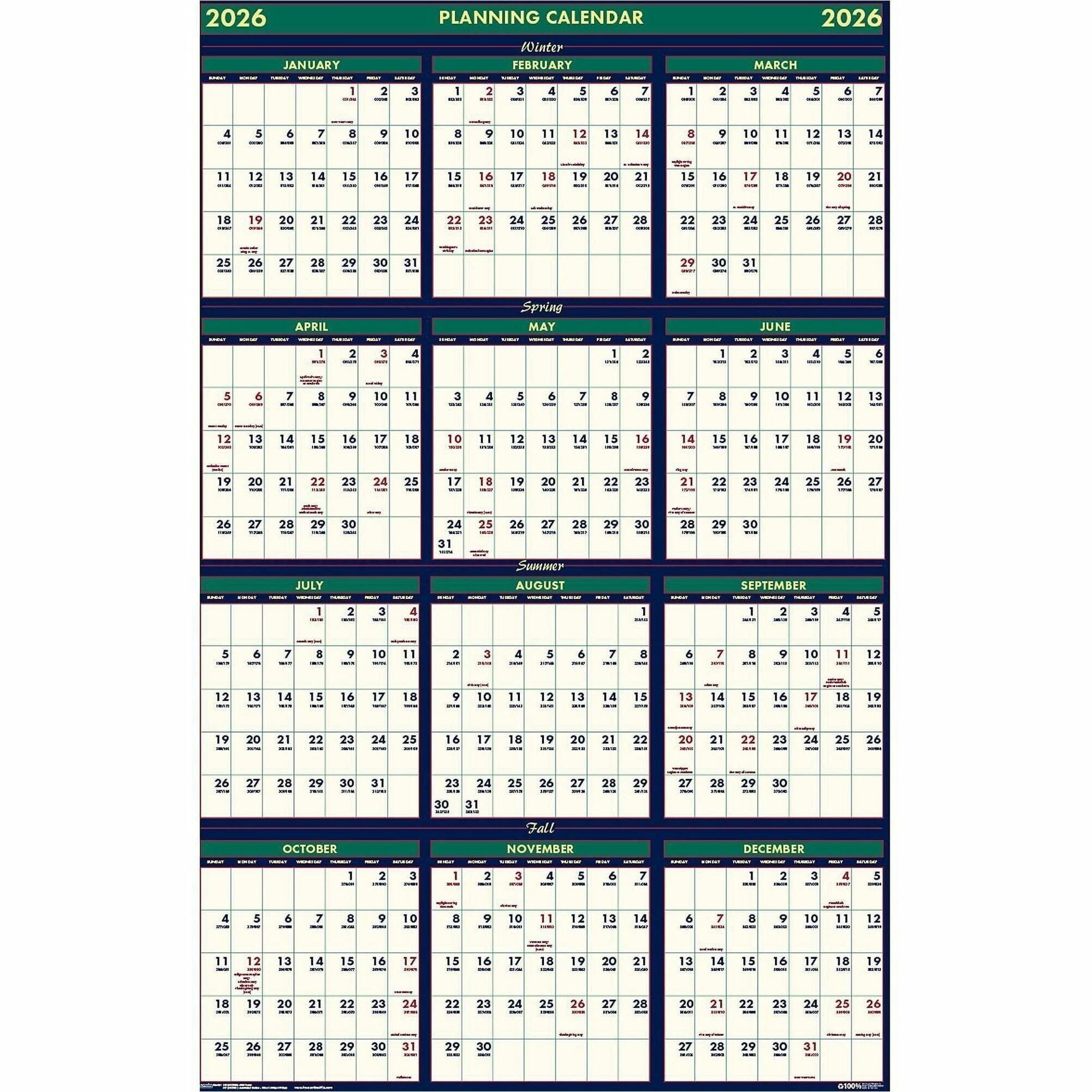 House of Doolittle Nonlaminated Reversible Planner - Julian Dates - Yearly - 12 Month - July 2025 to June 2026 - 24" x 37" Sheet Size - 1.50" x 1" Block - 1 Each