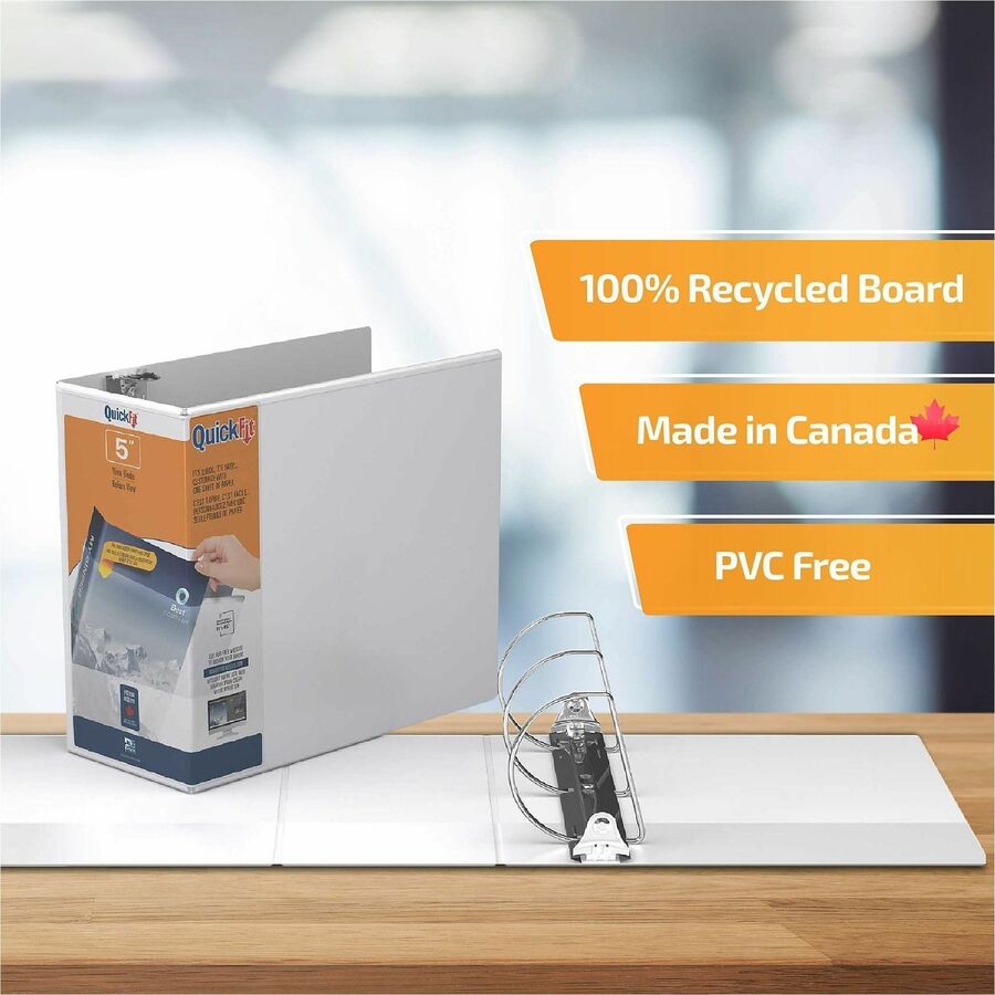 QuickFit View Binder, 3-Ring Binder, Angle D Ring, 5 Inch, White - 5" Binder Capacity - 8 1/2" x 11" Sheet Size - 1000 Sheet Capacity - 3 x 5" Ring(s) - Fastener(s): D-Ring - Polypropylene - White - Recycled - Locking Ring, Heavy Duty - 1 Each