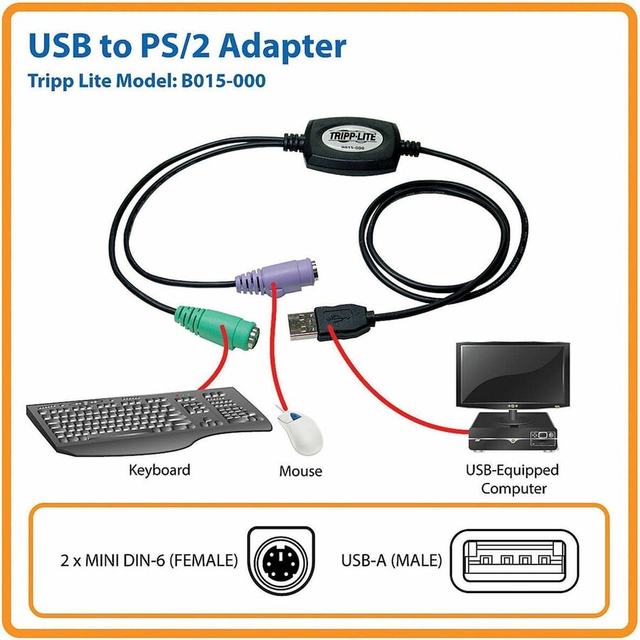 Tripp Lite series USB to PS/2 Adapter - (PS/2)/USB Data Transfer Cable - First End: 1 x 4-pin USB Type A - Male - Second End: 6-pin Mini-DIN (PS/2)