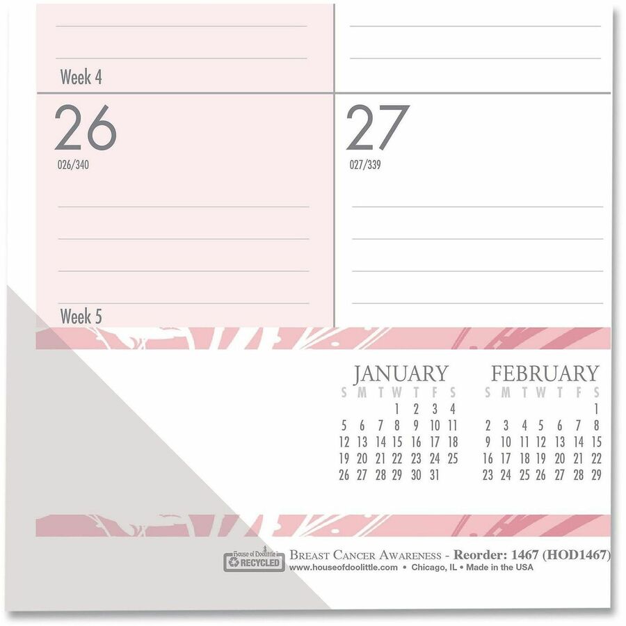 House of Doolittle Breast Cancer Awareness Compact Desk Pad - Julian Dates - Monthly - 12 Month - January 2026 to December 2026 - 1 Month Single Page Layout - 18 1/2" x 13" Sheet Size - 2.12" x 1.75" Block - Desk Pad - Pink - Paper, Vinyl - Notepad, Re...
