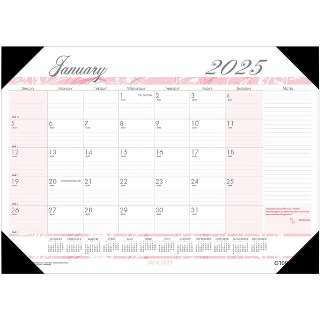 House of Doolittle Breast Cancer Awareness Compact Desk Pad - Julian Dates - Monthly - 12 Month - January 2026 to December 2026 - 1 Month Single Page Layout - 18 1/2" x 13" Sheet Size - 2.12" x 1.75" Block - Desk Pad - Pink - Paper, Vinyl - Notepad, Re...