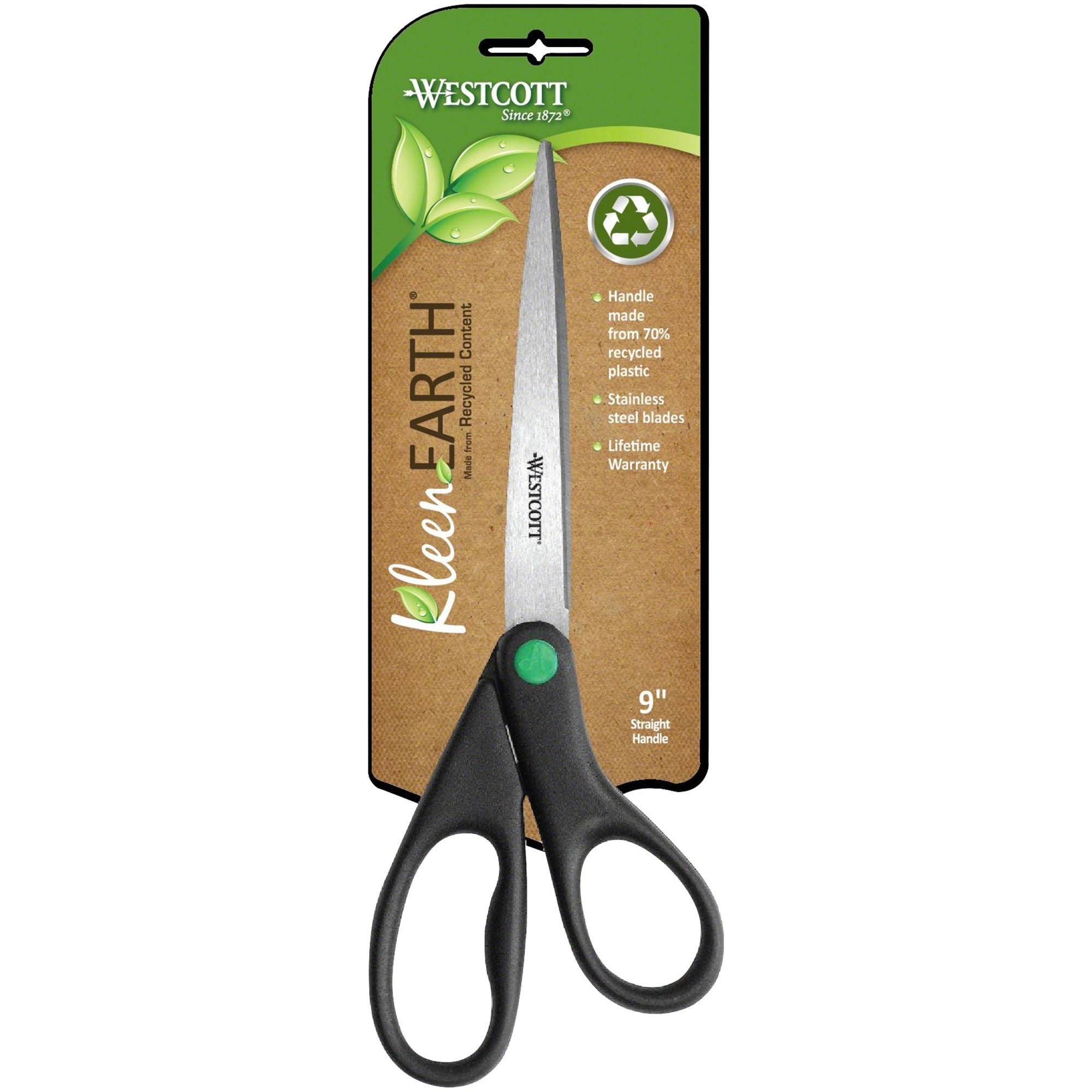Westcott KleenEarth 9" Straight Scissors - 3.75" Cutting Length - 9" Overall Length - Straight-left/right - Stainless Steel - Pointed Tip - Black - 1 Each