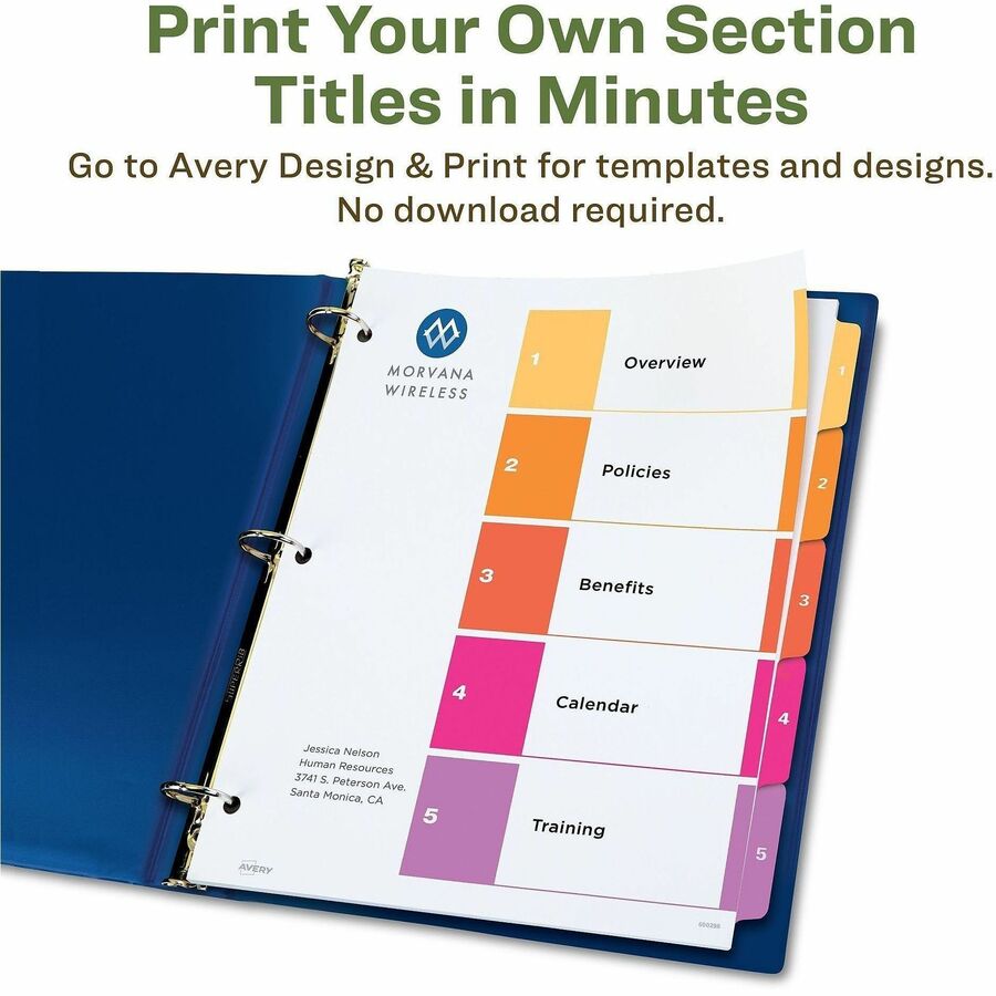 Avery EcoFriendly Recycled Dividers, 5 Tabs (3 Sets of 11080) - 15 x Divider(s) - 15 Tab(s) - Digit - 1-5, Table of Contents - 5 Tab(s)/Set - 8.5" Divider Width x 11" Divider Length - 3 Hole Punched - White Paper Divider - Multicolor Paper Tab(s) - 100...