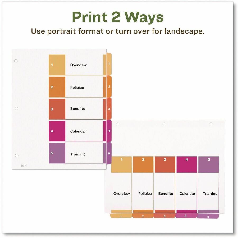 Avery EcoFriendly Recycled Dividers, 5 Tabs (3 Sets of 11080) - 15 x Divider(s) - 15 Tab(s) - Digit - 1-5, Table of Contents - 5 Tab(s)/Set - 8.5" Divider Width x 11" Divider Length - 3 Hole Punched - White Paper Divider - Multicolor Paper Tab(s) - 100...