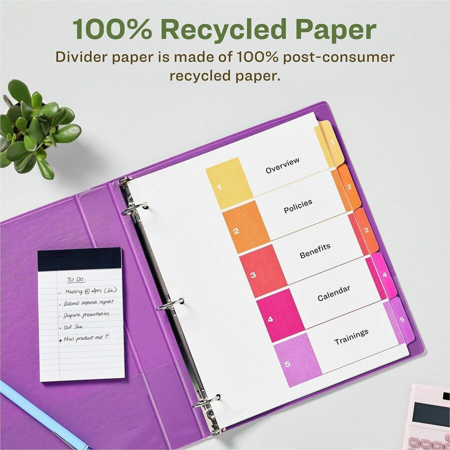 Avery EcoFriendly Recycled Dividers, 5 Tabs (3 Sets of 11080) - 15 x Divider(s) - 15 Tab(s) - Digit - 1-5, Table of Contents - 5 Tab(s)/Set - 8.5" Divider Width x 11" Divider Length - 3 Hole Punched - White Paper Divider - Multicolor Paper Tab(s) - 100...
