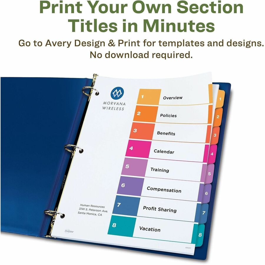 Avery EcoFriendly Recycled Dividers, 8 Tabs (3 Sets of 11081) - 24 x Divider(s) - 24 Tab(s) - Digit - 1-8, Table of Contents - 8 Tab(s)/Set - 8.5" Divider Width x 11" Divider Length - 3 Hole Punched - White Paper Divider - Multicolor Paper Tab(s) - 100...