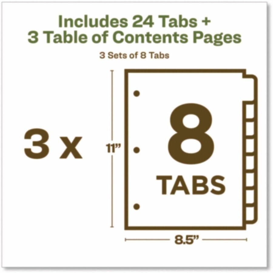 Avery EcoFriendly Recycled Dividers, 8 Tabs (3 Sets of 11081) - 24 x Divider(s) - 24 Tab(s) - Digit - 1-8, Table of Contents - 8 Tab(s)/Set - 8.5" Divider Width x 11" Divider Length - 3 Hole Punched - White Paper Divider - Multicolor Paper Tab(s) - 100...