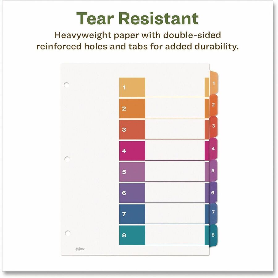 Avery EcoFriendly Recycled Dividers, 8 Tabs (3 Sets of 11081) - 24 x Divider(s) - 24 Tab(s) - Digit - 1-8, Table of Contents - 8 Tab(s)/Set - 8.5" Divider Width x 11" Divider Length - 3 Hole Punched - White Paper Divider - Multicolor Paper Tab(s) - 100...