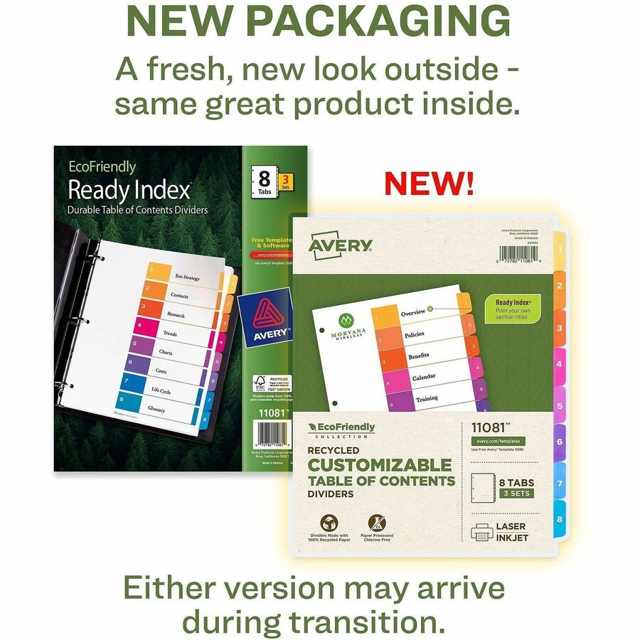Avery EcoFriendly Recycled Dividers, 8 Tabs (3 Sets of 11081) - 24 x Divider(s) - 24 Tab(s) - Digit - 1-8, Table of Contents - 8 Tab(s)/Set - 8.5" Divider Width x 11" Divider Length - 3 Hole Punched - White Paper Divider - Multicolor Paper Tab(s) - 100...