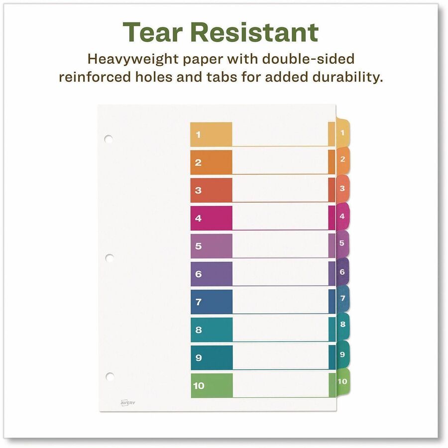 Avery EcoFriendly Recycled Dividers, 10 Tabs (3 Sets of 11082) - 30 x Divider(s) - 30 Tab(s) - Digit - 1-10, Table of Contents - 10 Tab(s)/Set - 8.5" Divider Width x 11" Divider Length - 3 Hole Punched - White Paper Divider - Multicolor Paper Tab(s) - ...