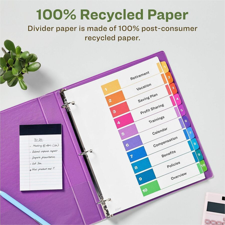 Avery EcoFriendly Recycled Dividers, 10 Tabs (3 Sets of 11082) - 30 x Divider(s) - 30 Tab(s) - Digit - 1-10, Table of Contents - 10 Tab(s)/Set - 8.5" Divider Width x 11" Divider Length - 3 Hole Punched - White Paper Divider - Multicolor Paper Tab(s) - ...