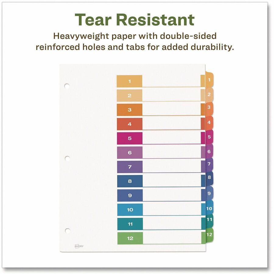 Avery EcoFriendly Recycled Dividers, 12 Tabs (3 Sets of 11083) - 36 x Divider(s) - 36 Tab(s) - Digit - 1-12, Table of Contents - 12 Tab(s)/Set - 8.5" Divider Width x 11" Divider Length - 3 Hole Punched - White Paper Divider - Multicolor Paper Tab(s) - ...