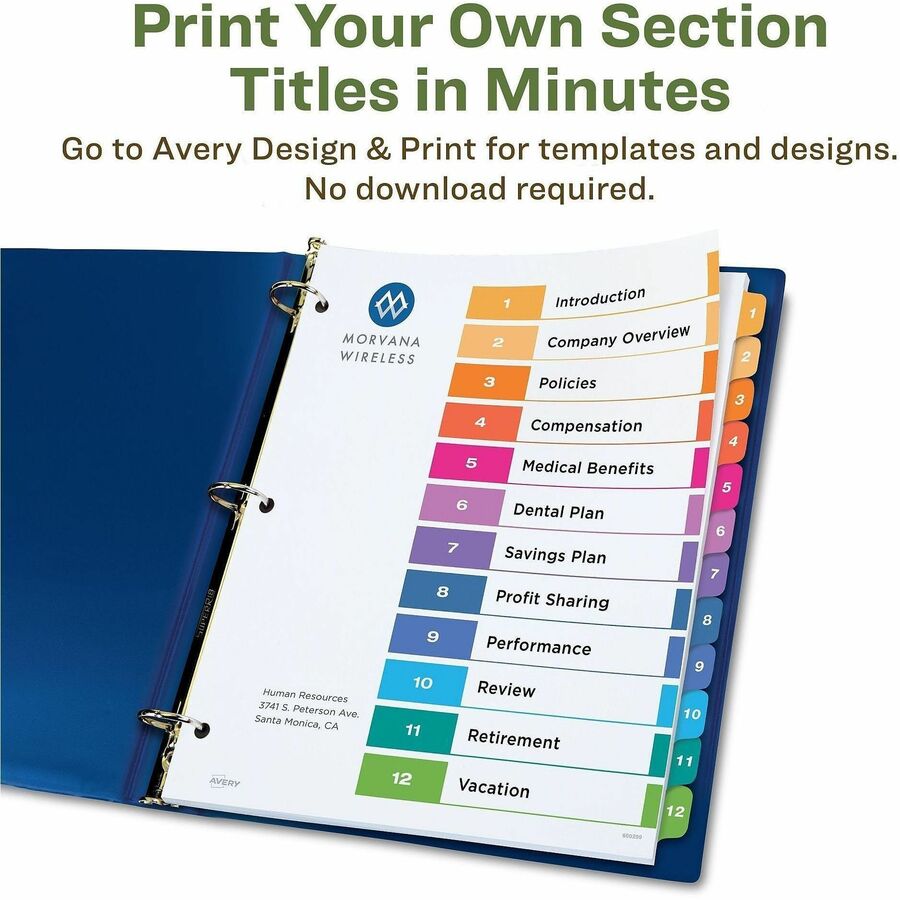 Avery EcoFriendly Recycled Dividers, 12 Tabs (3 Sets of 11083) - 36 x Divider(s) - 36 Tab(s) - Digit - 1-12, Table of Contents - 12 Tab(s)/Set - 8.5" Divider Width x 11" Divider Length - 3 Hole Punched - White Paper Divider - Multicolor Paper Tab(s) - ...