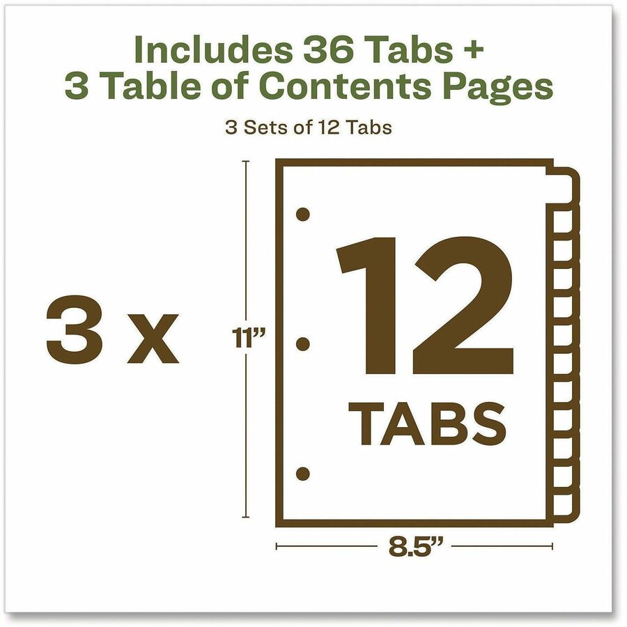 Avery EcoFriendly Recycled Dividers, 12 Tabs (3 Sets of 11083) - 36 x Divider(s) - 36 Tab(s) - Digit - 1-12, Table of Contents - 12 Tab(s)/Set - 8.5" Divider Width x 11" Divider Length - 3 Hole Punched - White Paper Divider - Multicolor Paper Tab(s) - ...