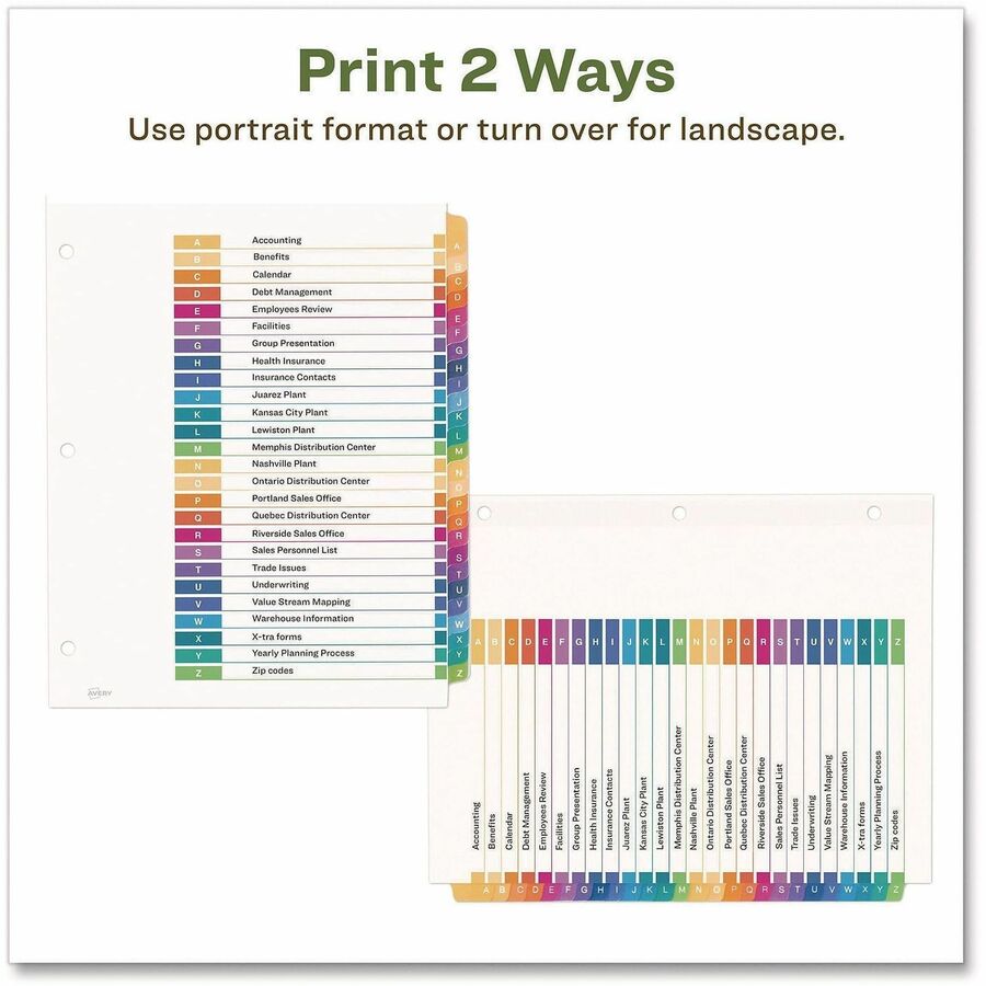 Avery coFriendly Recycled A-Z Dividers, 26 Tabs (11085) - 26 x Divider(s) - 26 Tab(s) - Alphabet - A-Z, Table of Contents - 26 Tab(s)/Set - 8.5" Divider Width x 11" Divider Length - 3 Hole Punched - White Paper Divider - Multicolor Paper Tab(s) - 100% ...