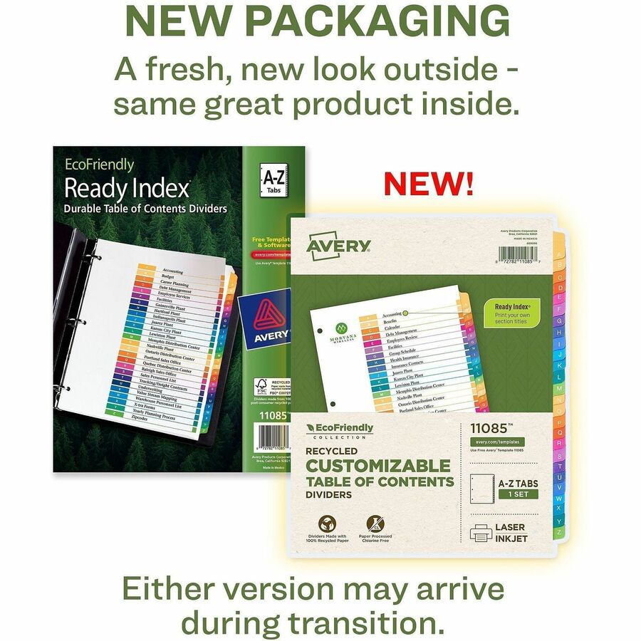 Avery coFriendly Recycled A-Z Dividers, 26 Tabs (11085) - 26 x Divider(s) - 26 Tab(s) - Alphabet - A-Z, Table of Contents - 26 Tab(s)/Set - 8.5" Divider Width x 11" Divider Length - 3 Hole Punched - White Paper Divider - Multicolor Paper Tab(s) - 100% ...