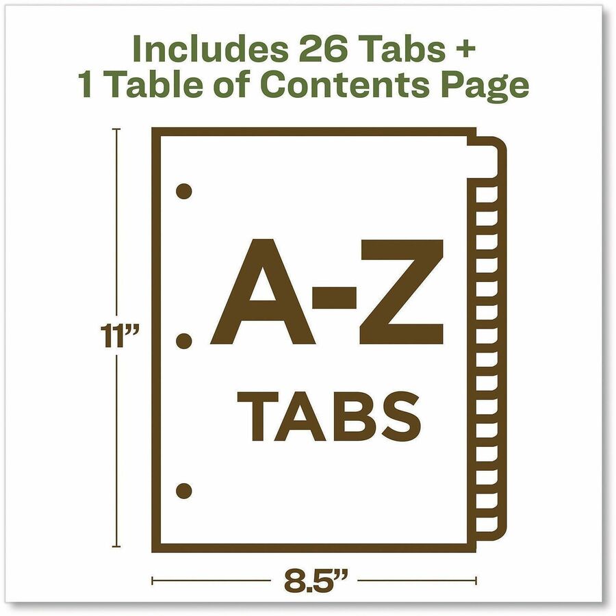 Avery coFriendly Recycled A-Z Dividers, 26 Tabs (11085) - 26 x Divider(s) - 26 Tab(s) - Alphabet - A-Z, Table of Contents - 26 Tab(s)/Set - 8.5" Divider Width x 11" Divider Length - 3 Hole Punched - White Paper Divider - Multicolor Paper Tab(s) - 100% ...