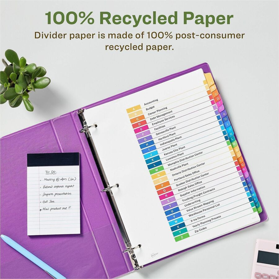 Avery coFriendly Recycled A-Z Dividers, 26 Tabs (11085) - 26 x Divider(s) - 26 Tab(s) - Alphabet - A-Z, Table of Contents - 26 Tab(s)/Set - 8.5" Divider Width x 11" Divider Length - 3 Hole Punched - White Paper Divider - Multicolor Paper Tab(s) - 100% ...