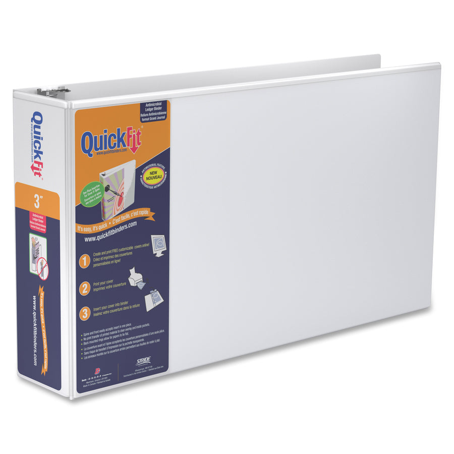 QuickFit Heavy-Duty Landscape 3-Ring Binder, D-Ring, View Binder, 3 Inch, White - 3" Binder Capacity - 11" x 17" Sheet Size - 625 Sheet Capacity - 3 x 3" Ring(s) - Fastener(s): D-Ring - Polypropylene - Black - Recycled - Locking Mechanism, Spine Label,...
