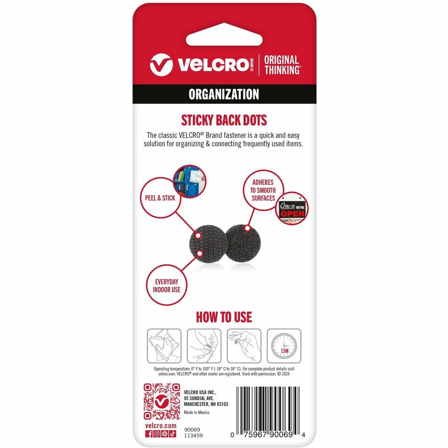 VELCRO&reg; Sticky Back 5/8in Circles Black 15 ct - 0.63" Diameter - Black - For Multipurpose, School, Smooth Surface, Indoor, Outdoor, Mounting - 15 / Carton