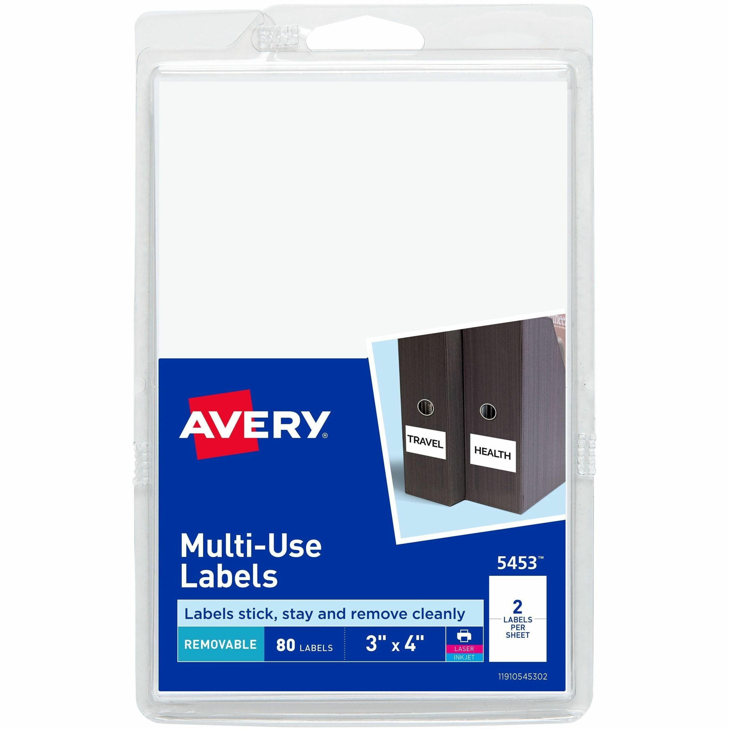 Avery&reg; Removable Multi-Use ID Labels on Printable 4" x 6" Sheets - 3" Height x 4" Width - Removable Adhesive - Rectangle - Laser, Inkjet - White - Paper - Removable, Peel & Stick, Residue-free, Customizable, Adhesive - 2 / Sheet - 40 Total Sheets -...