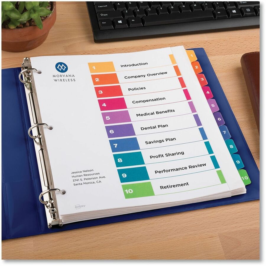 Avery Extra-Wide Dividers, 10 Tabs, Ready Index (11165) - 10 x Divider(s) - 10 Tab(s) - Digit - 1-10, Table of Contents - 10 Tab(s)/Set - 9.3" Divider Width x 11" Divider Length - 3 Hole Punched - White Paper Divider - Multicolor Paper Tab(s) - Printab...