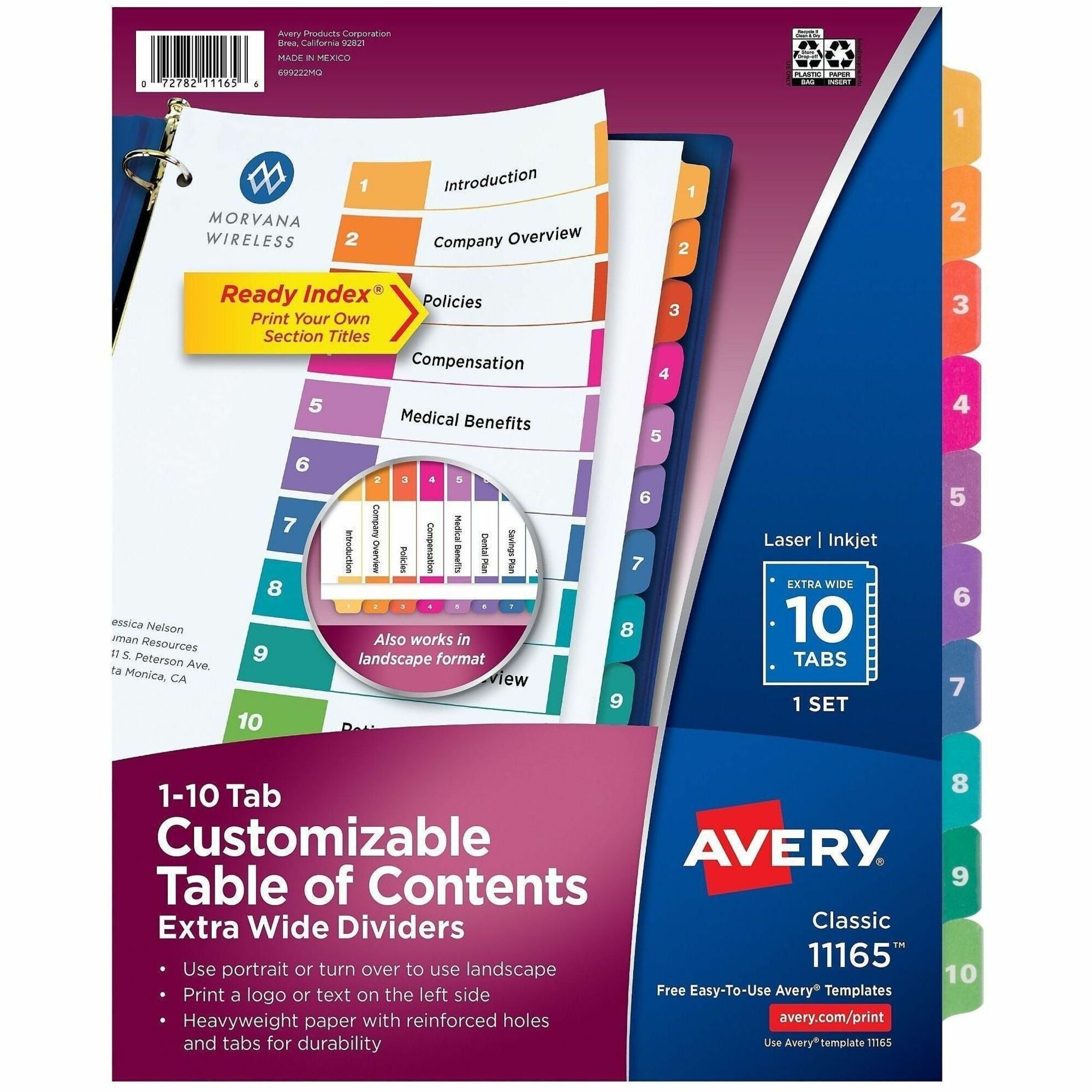 Avery Extra-Wide Dividers, 10 Tabs, Ready Index (11165) - 10 x Divider(s) - 10 Tab(s) - Digit - 1-10, Table of Contents - 10 Tab(s)/Set - 9.3" Divider Width x 11" Divider Length - 3 Hole Punched - White Paper Divider - Multicolor Paper Tab(s) - Printab...