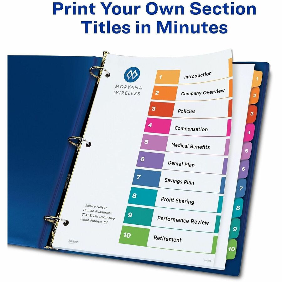 Avery Extra-Wide Dividers, 10 Tabs, Ready Index (11165) - 10 x Divider(s) - 10 Tab(s) - Digit - 1-10, Table of Contents - 10 Tab(s)/Set - 9.3" Divider Width x 11" Divider Length - 3 Hole Punched - White Paper Divider - Multicolor Paper Tab(s) - Printab...