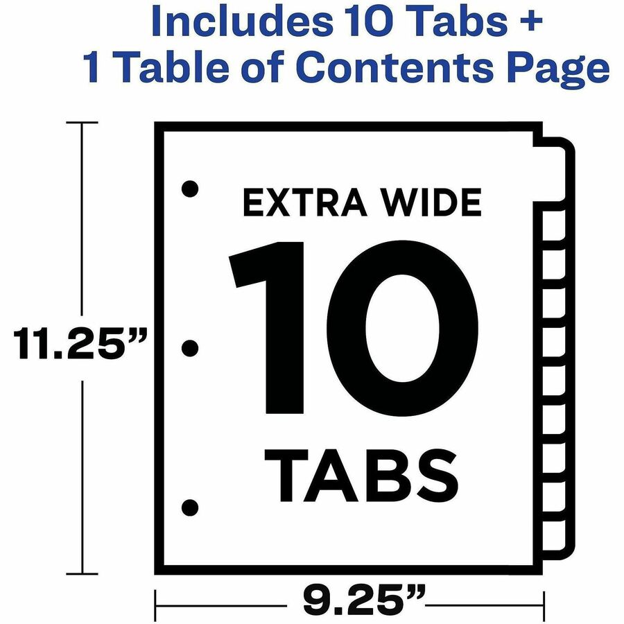 Avery Extra-Wide Dividers, 10 Tabs, Ready Index (11165) - 10 x Divider(s) - 10 Tab(s) - Digit - 1-10, Table of Contents - 10 Tab(s)/Set - 9.3" Divider Width x 11" Divider Length - 3 Hole Punched - White Paper Divider - Multicolor Paper Tab(s) - Printab...