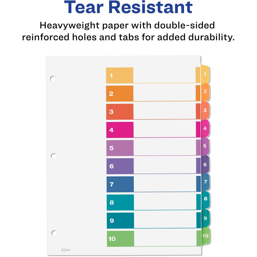 Avery&reg; Ready Index(R) 10 Tab Binder Dividers, Customizable Table of Contents, Multicolor Tabs, 24 Sets (11169) - 240 x Divider(s) - 1-10 - 10 Tab(s)/Set - 8.5" Divider Width x 11" Divider Length - 3 Hole Punched - White Paper Divider - Multicolor P...