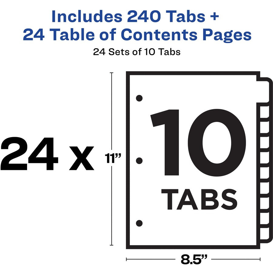Avery&reg; Ready Index(R) 10 Tab Binder Dividers, Customizable Table of Contents, Multicolor Tabs, 24 Sets (11169) - 240 x Divider(s) - 1-10 - 10 Tab(s)/Set - 8.5" Divider Width x 11" Divider Length - 3 Hole Punched - White Paper Divider - Multicolor P...