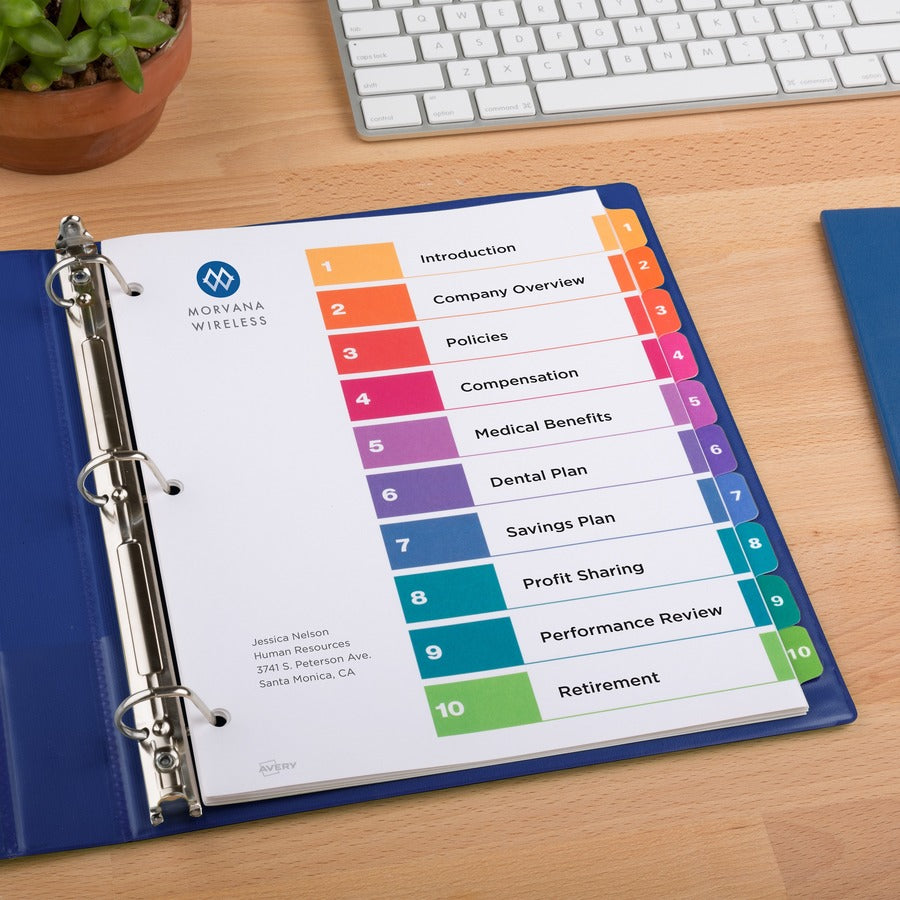 Avery&reg; Ready Index(R) 10 Tab Binder Dividers, Customizable Table of Contents, Multicolor Tabs, 24 Sets (11169) - 240 x Divider(s) - 1-10 - 10 Tab(s)/Set - 8.5" Divider Width x 11" Divider Length - 3 Hole Punched - White Paper Divider - Multicolor P...