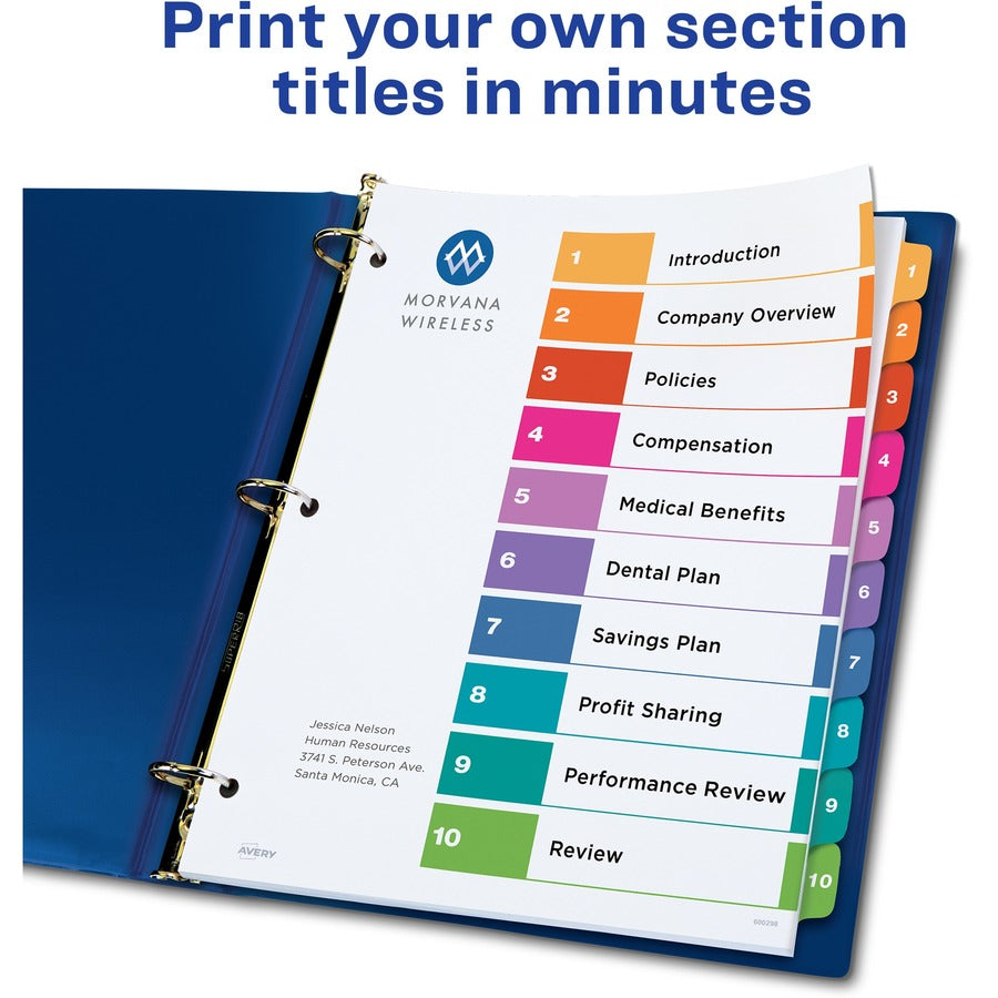 Avery&reg; Ready Index(R) 10 Tab Binder Dividers, Customizable Table of Contents, Multicolor Tabs, 24 Sets (11169) - 240 x Divider(s) - 1-10 - 10 Tab(s)/Set - 8.5" Divider Width x 11" Divider Length - 3 Hole Punched - White Paper Divider - Multicolor P...