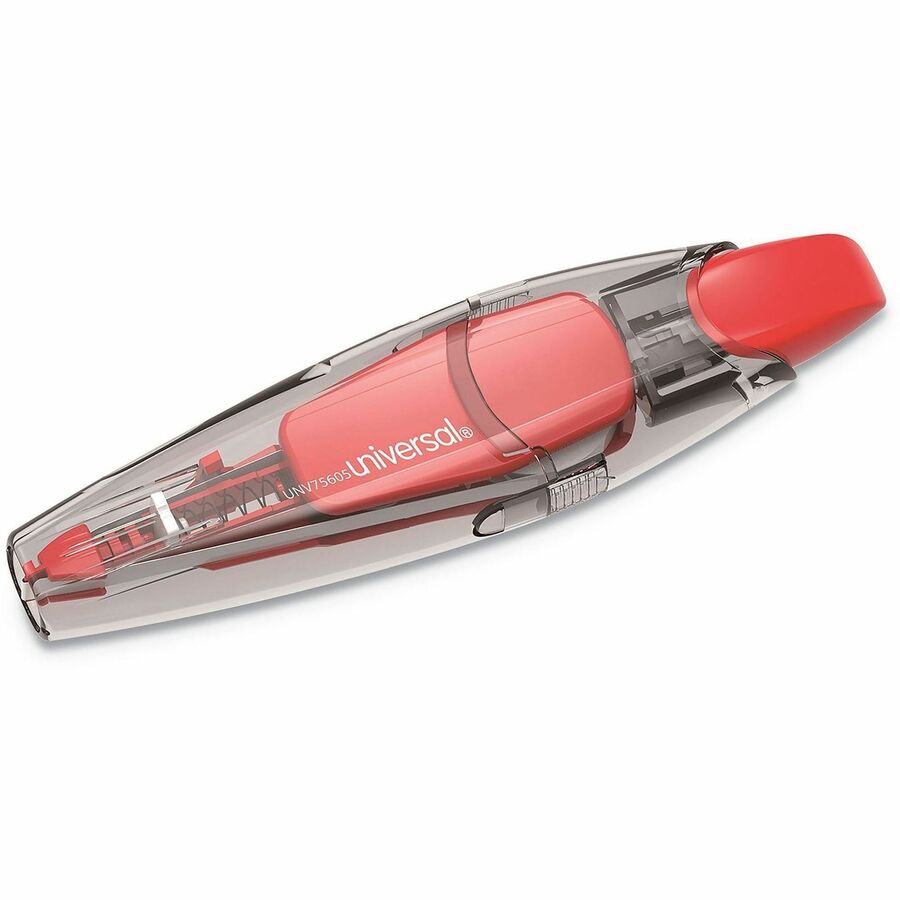 Universal 75605 Retractable Pen Style Correction Tape - 0.20" Tape Width x 19.67 ft Tape Length - 1 Line(s) - White Tape - Pen Style Clear, Red Dispenser - Retractable, Non-refillable, Protective Cover, Ergonomic - Plastic, Film - 4 / Pack