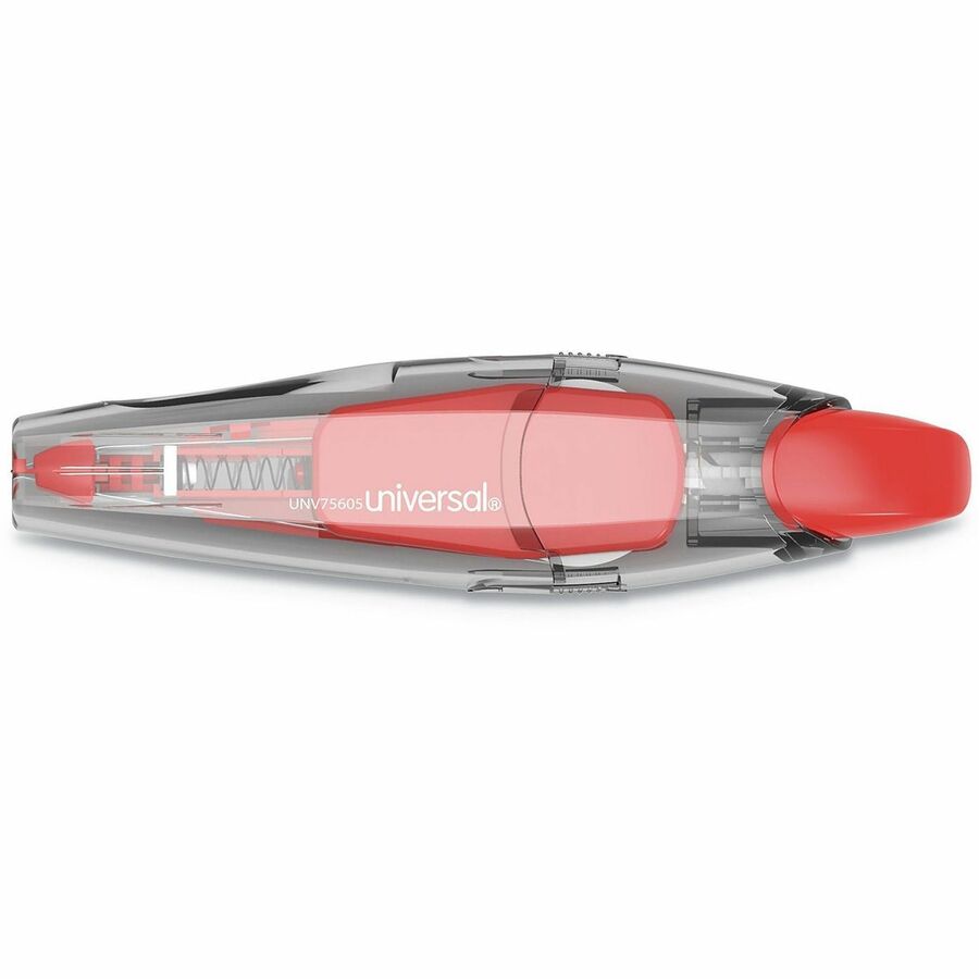 Universal 75605 Retractable Pen Style Correction Tape - 0.20" Tape Width x 19.67 ft Tape Length - 1 Line(s) - White Tape - Pen Style Clear, Red Dispenser - Retractable, Non-refillable, Protective Cover, Ergonomic - Plastic, Film - 4 / Pack