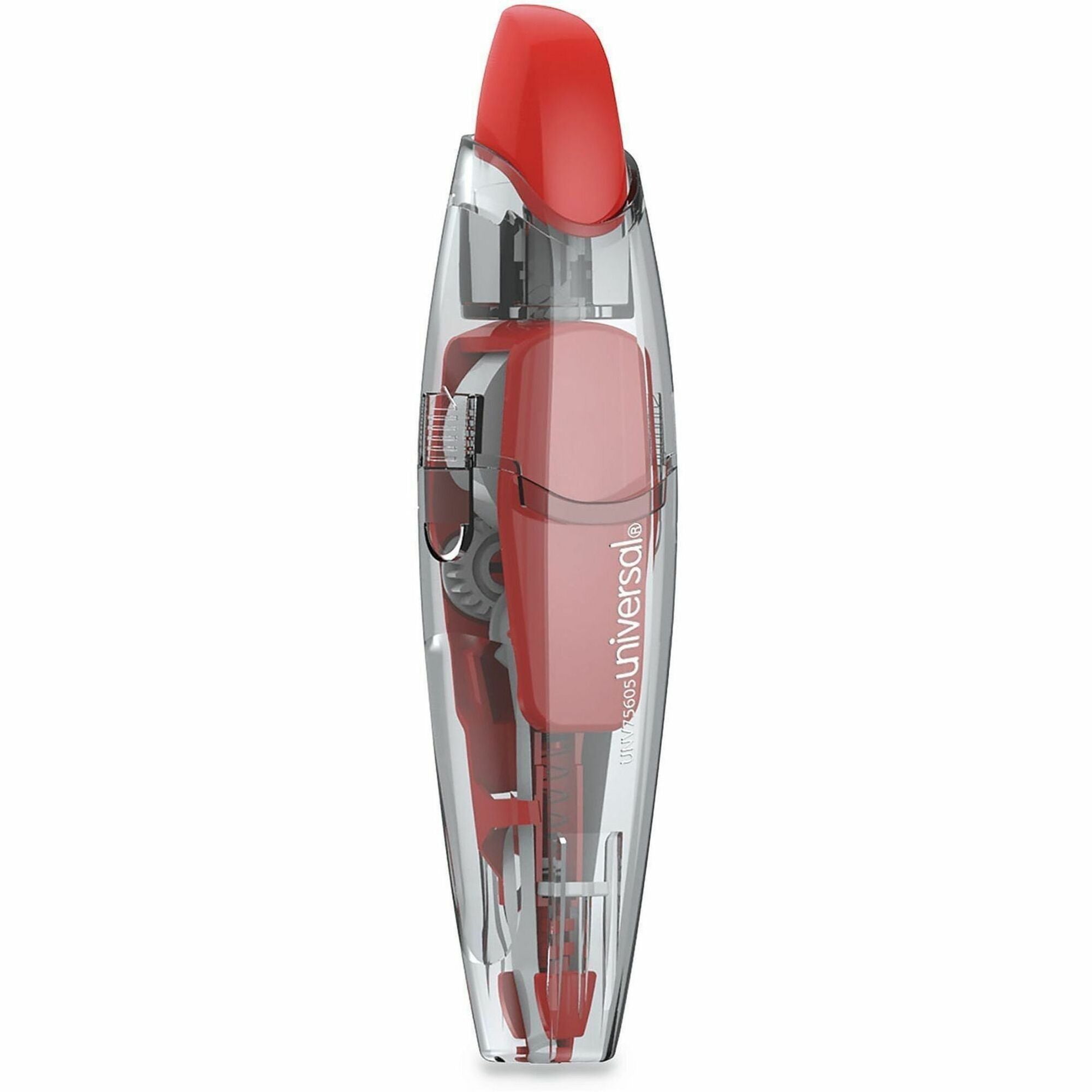 Universal 75605 Retractable Pen Style Correction Tape - 0.20" Tape Width x 19.67 ft Tape Length - 1 Line(s) - White Tape - Pen Style Clear, Red Dispenser - Retractable, Non-refillable, Protective Cover, Ergonomic - Plastic, Film - 4 / Pack