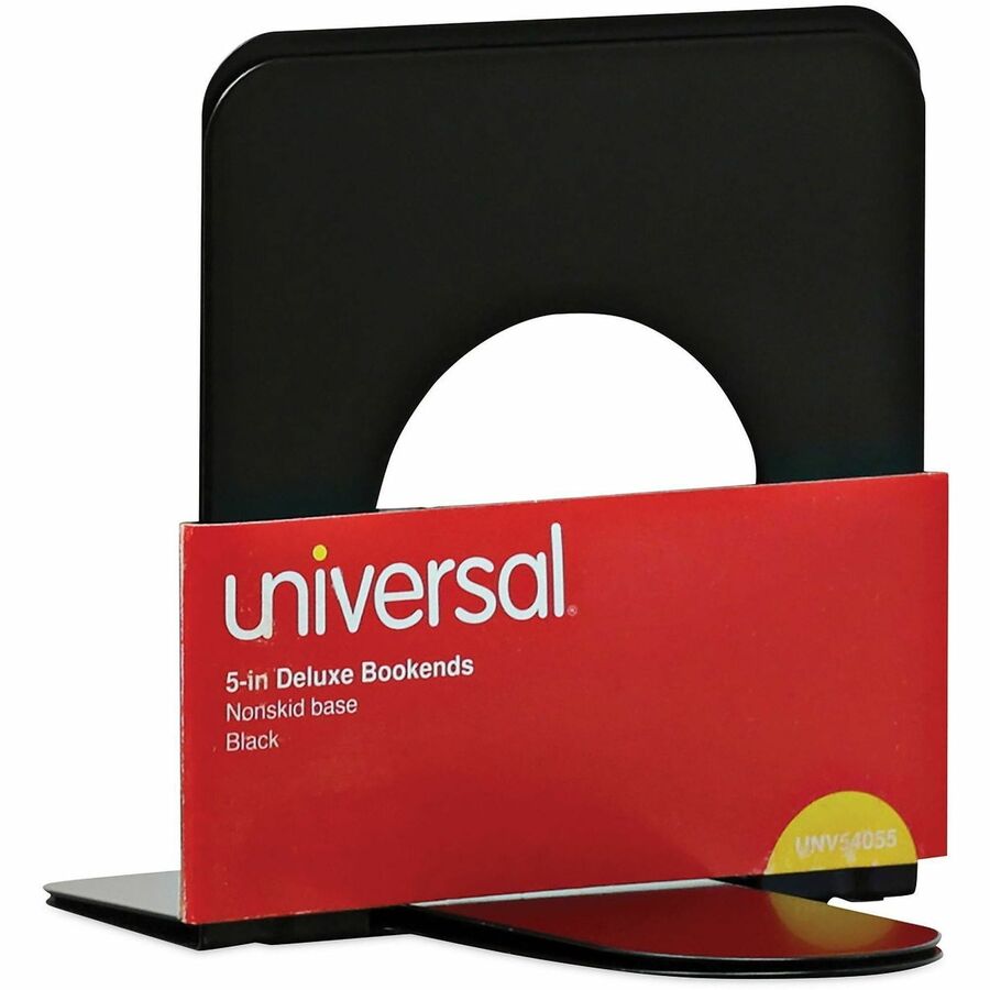 Universal Bookend - 5" Height x 4.75" Width x 5.25" Depth - Non-skid Base, Rounded Corner - Enamel - Black - Steel, Metal - 1 Pair