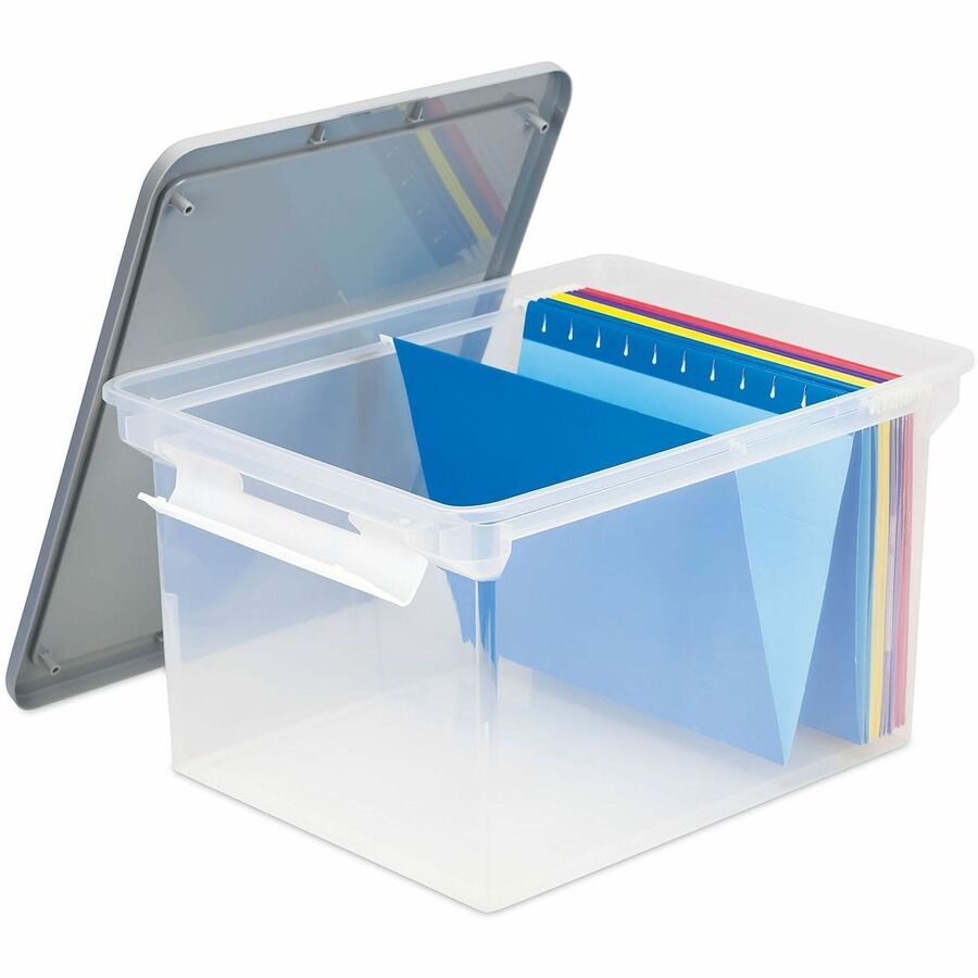 Storex Tote Clear Storage Box with Lid - Internal Dimensions: 14.50" Width x 19" Depth x 11.31" Height - External Dimensions: 14.3" Width x 18.5" Depth x 10.9" Height - 50 lb - Media Size Supported: Letter, Legal - Snap-tight Closure - Stackable - Plas...