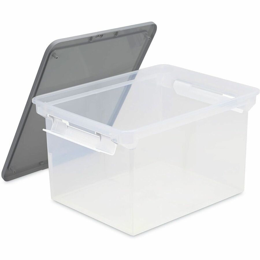 Storex Tote Clear Storage Box with Lid - Internal Dimensions: 14.50" Width x 19" Depth x 11.31" Height - External Dimensions: 14.3" Width x 18.5" Depth x 10.9" Height - 50 lb - Media Size Supported: Letter, Legal - Snap-tight Closure - Stackable - Plas...