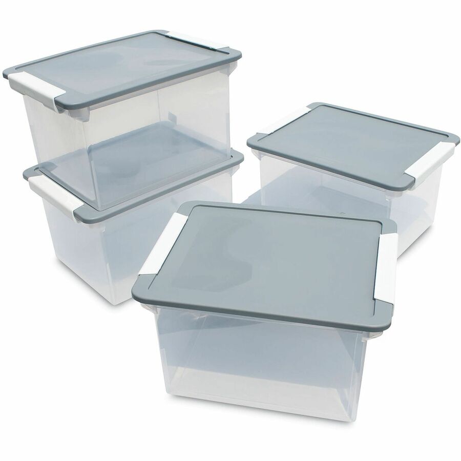 Storex Tote Clear Storage Box with Lid - Internal Dimensions: 14.50" Width x 19" Depth x 11.31" Height - External Dimensions: 14.3" Width x 18.5" Depth x 10.9" Height - 50 lb - Media Size Supported: Letter, Legal - Snap-tight Closure - Stackable - Plas...