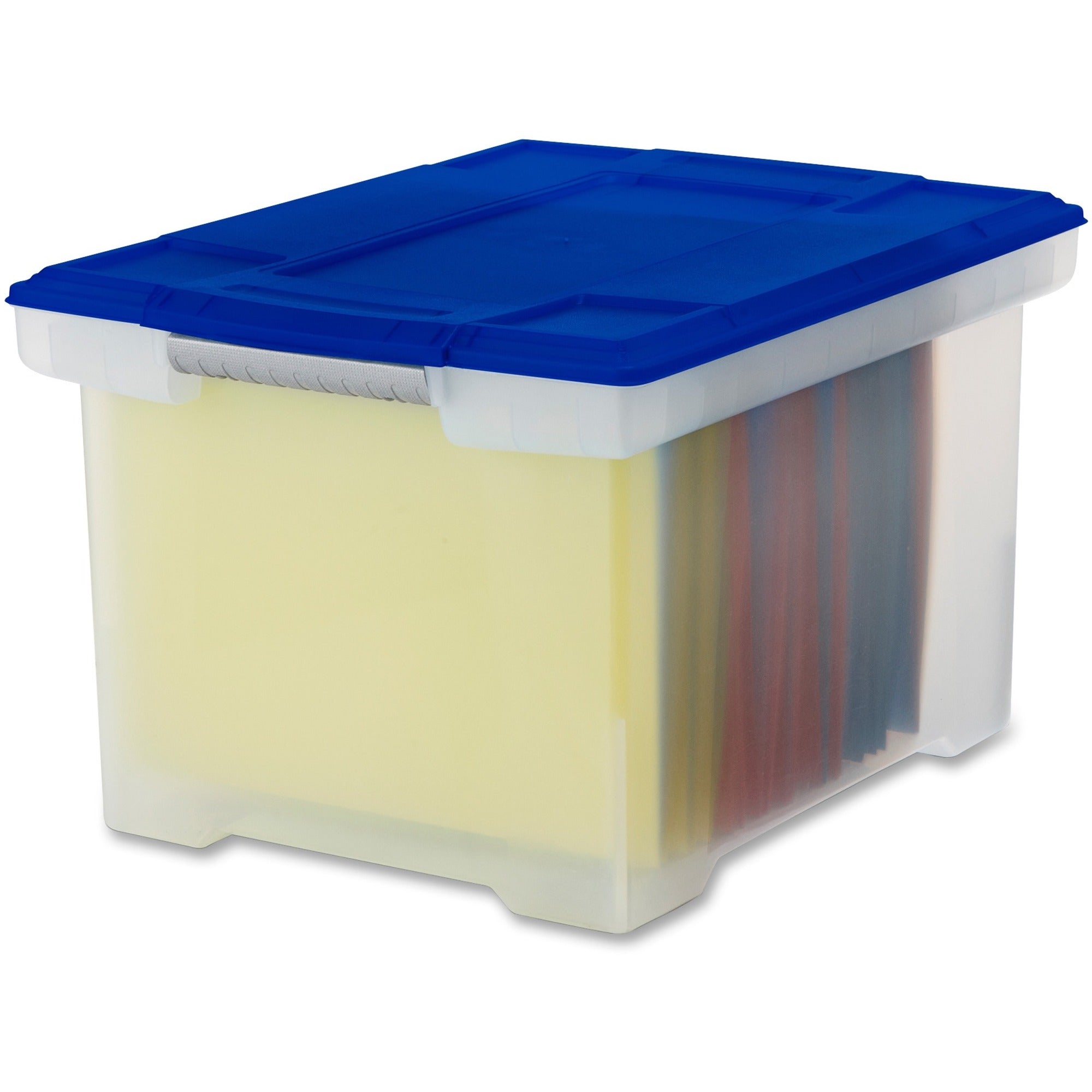 Storex Plastic File Tote Storage Box - External Dimensions: 14.3" Width x 19" Depth x 10.9" Height - 50 lb - Media Size Supported: Letter, Legal - Snap-tight Closure - Plastic - Clear, Blue - For File - 1 / Each