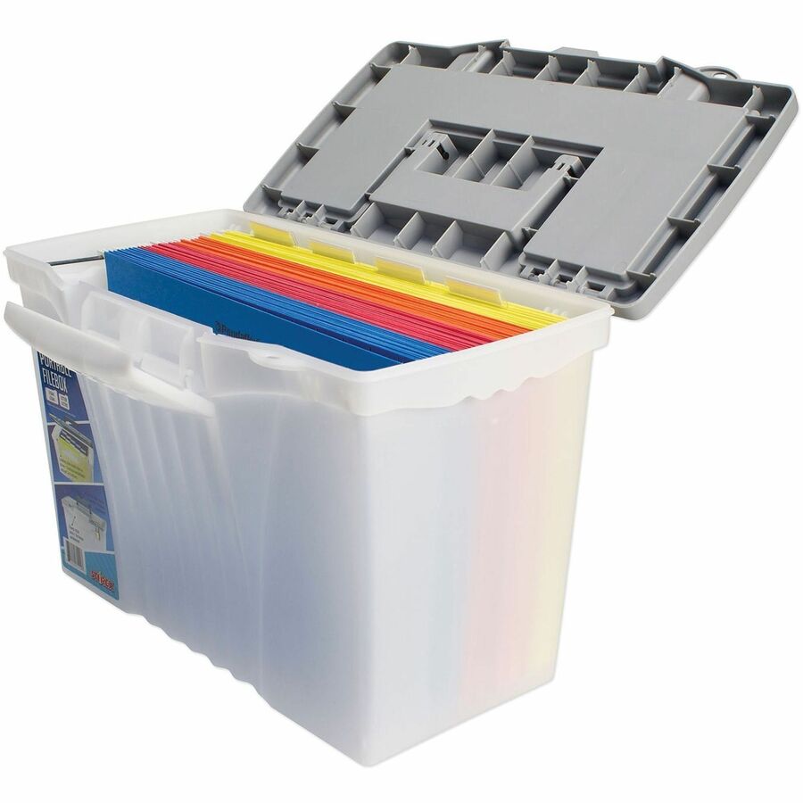 Storex Plastic Portable File Box - Internal Dimensions: 14.50" Width x 10.50" Depth x 12" Height - External Dimensions: 14.5" Width x 10.5" Depth x 12" Height - Media Size Supported: Letter, Legal - Latching Closure - Plastic - Clear, Silver - For File...