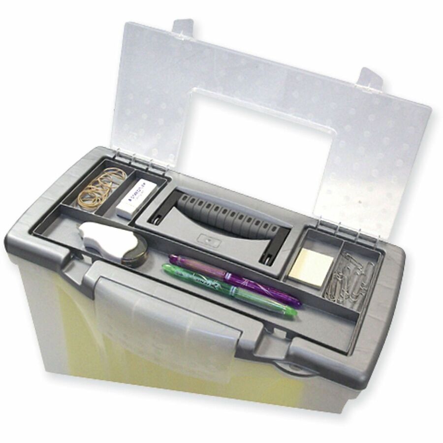 Storex Plastic Portable File Box - Internal Dimensions: 14.50" Width x 10.50" Depth x 12" Height - External Dimensions: 14.5" Width x 10.5" Depth x 12" Height - Media Size Supported: Letter, Legal - Latching Closure - Plastic - Clear, Silver - For File...