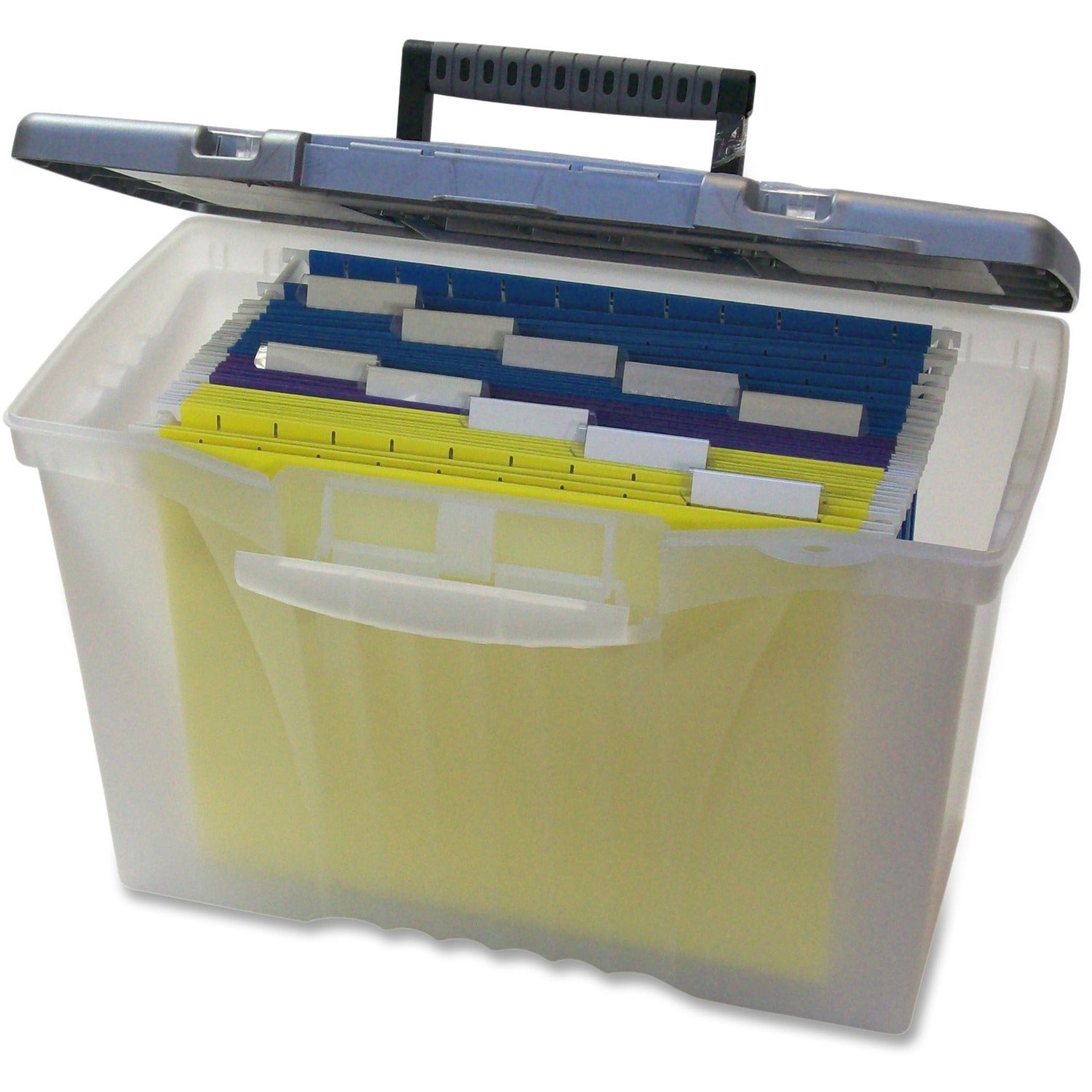Storex Plastic Portable File Box - Internal Dimensions: 14.50" Width x 10.50" Depth x 12" Height - External Dimensions: 14.5" Width x 10.5" Depth x 12" Height - Media Size Supported: Letter, Legal - Latching Closure - Plastic - Clear, Silver - For File...
