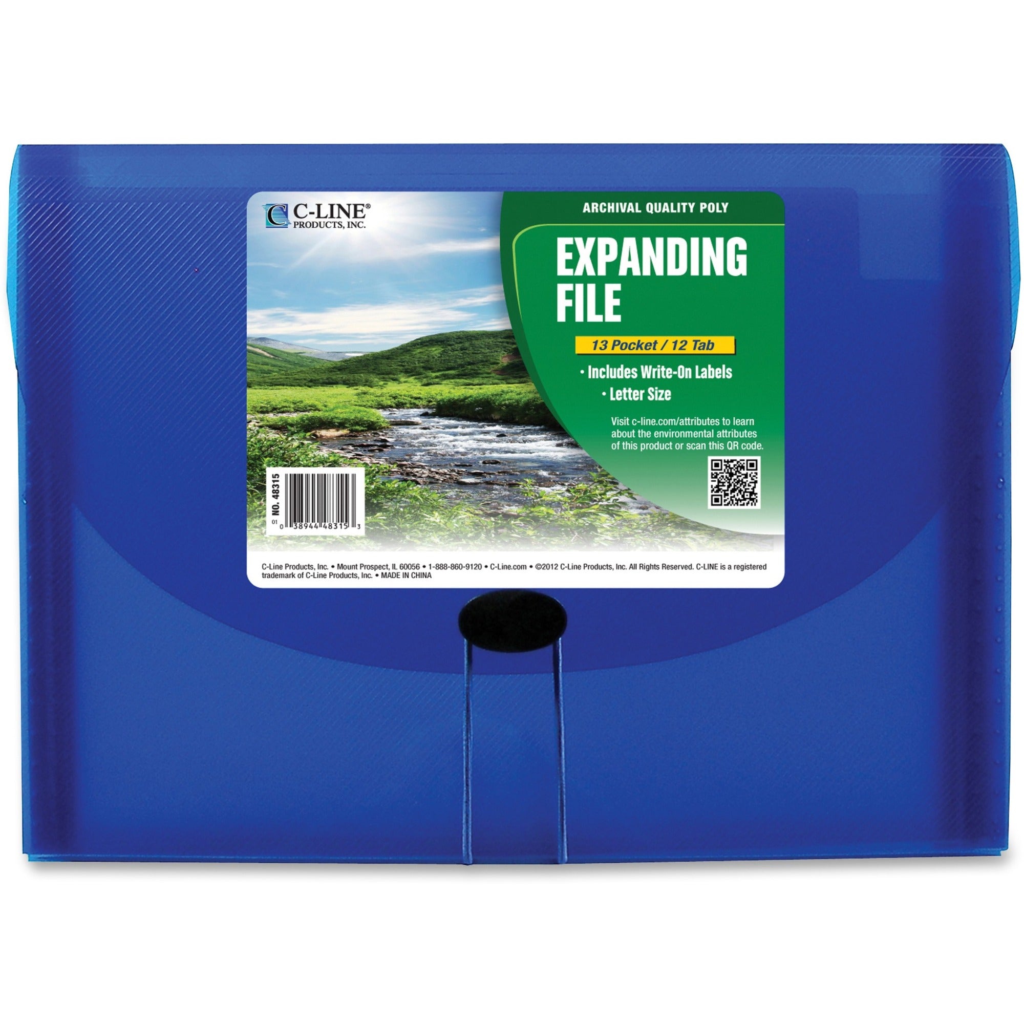 C-Line 48315 Letter Expanding File - 8 1/2" x 11" - 13 Pocket(s) - Polypropylene - Blue - Acid-free, Non-toxic, Button Closure - 0% Recycled - 1 Each